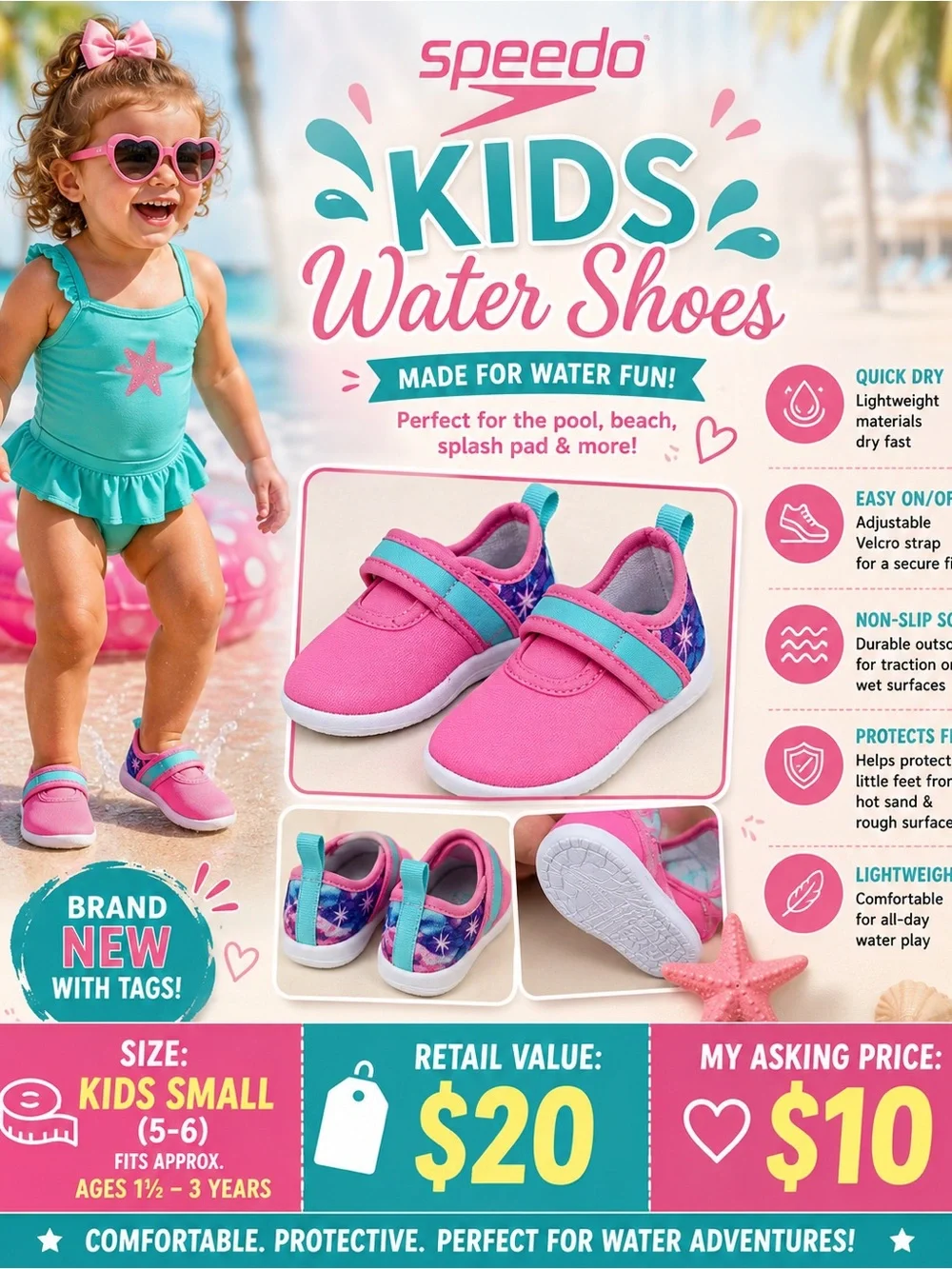 Speedo Kids Pink & Teal Splash Water Shoes